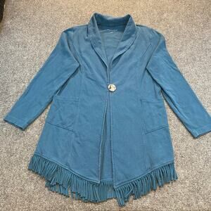 Soft Surroundings Fringed Jacket Womens Large Teal Blue Mid Length Cotton Button